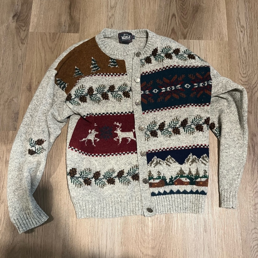Woolrich Gray Cardigan with Festive Patterns